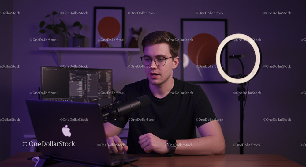 Young Man Recording a Podcast in Modern Home Studio