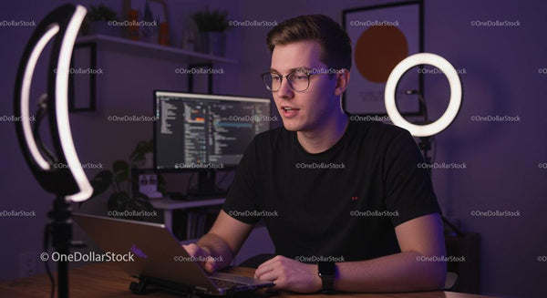 Skoncentrowany programista pracujący z lampą pierścieniową w domowym biurze