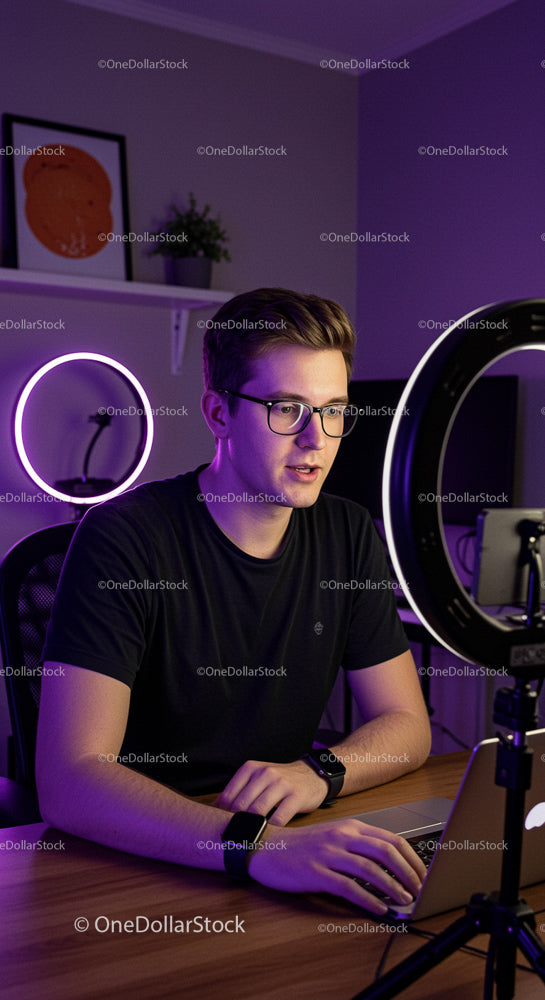 Young Man Recording Video with Ring Light at Home Office
