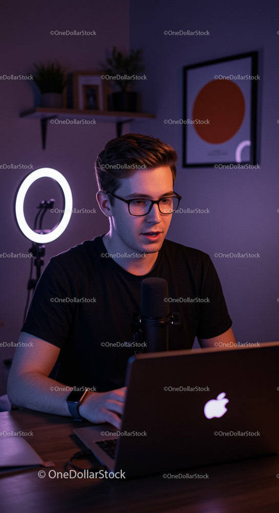 Young Man Recording Podcast in Modern Home Studio