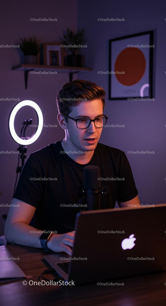 Young Man Recording Podcast in Modern Home Studio