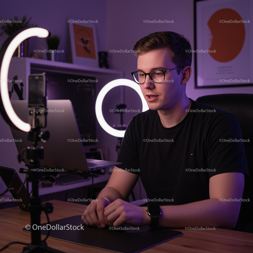 Young Professional in a Video Call with Ring Light Setup