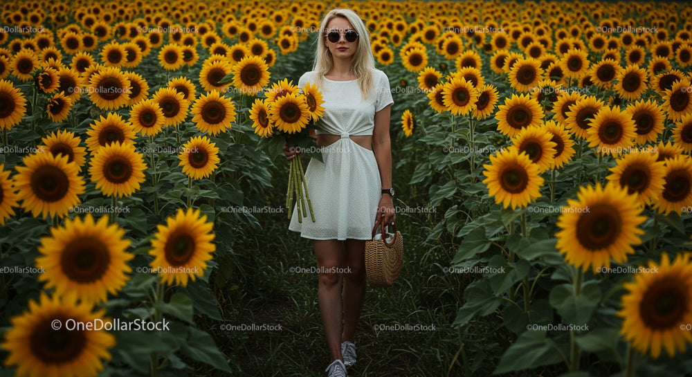 Woman Strolling Through Sunflower Field in Summer Dress