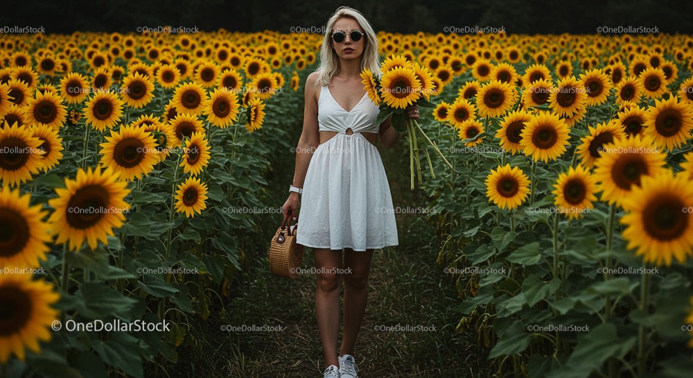 Blonde Woman in White Dress Amidst Sunflower Field