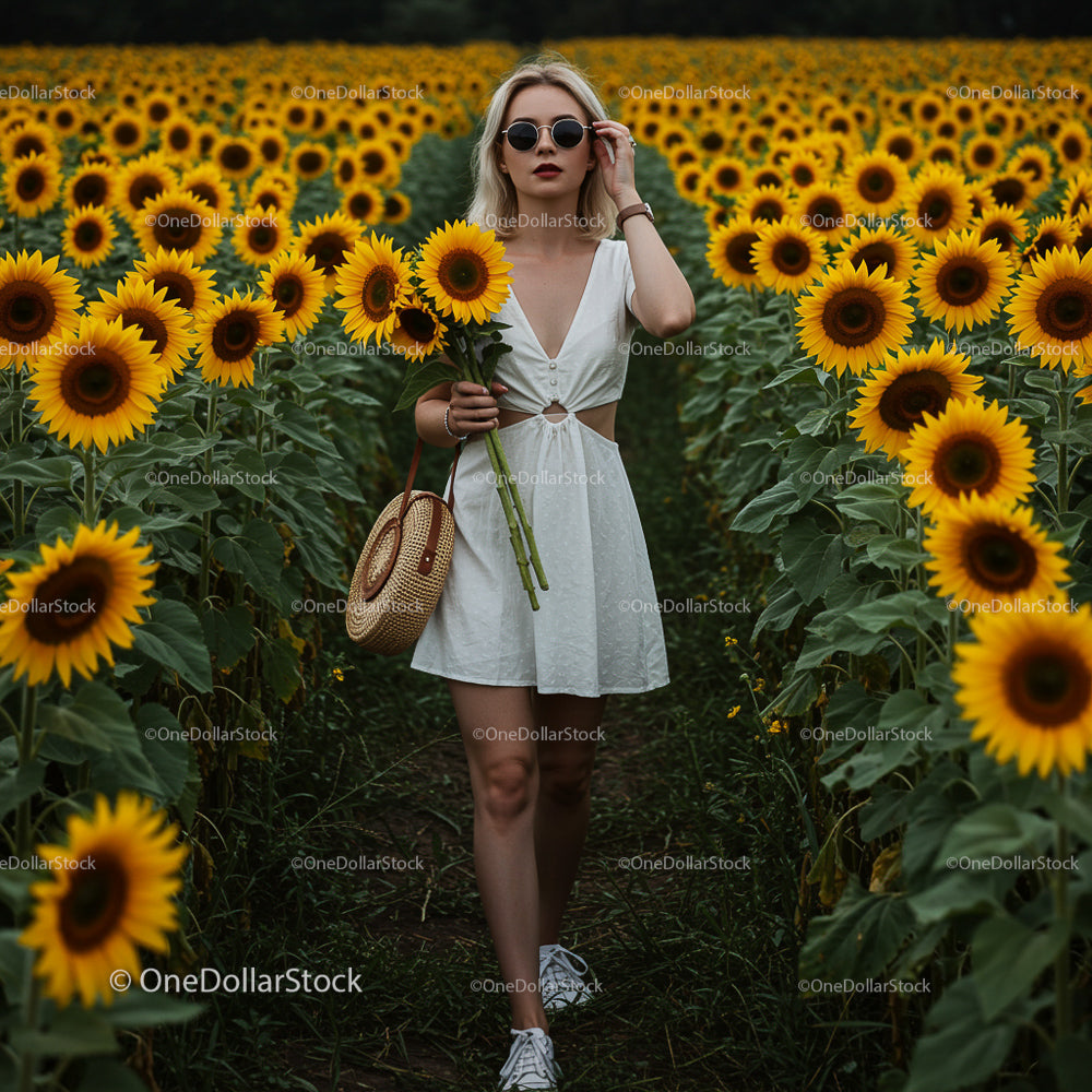 Woman in White Dress Walking Through Sunflower Field