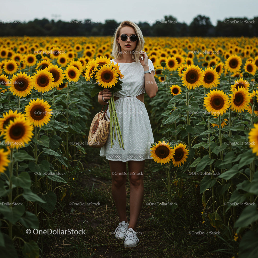 Woman in White Dress Walking Through Sunflower Field