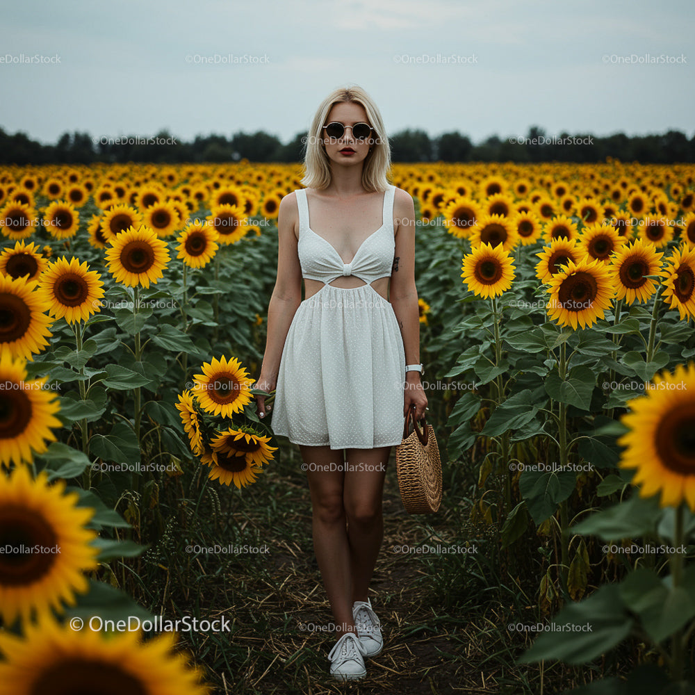 Blonde Woman Strolling Through Vibrant Sunflower Field