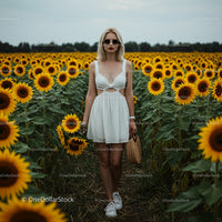 Blonde Woman Strolling Through Vibrant Sunflower Field