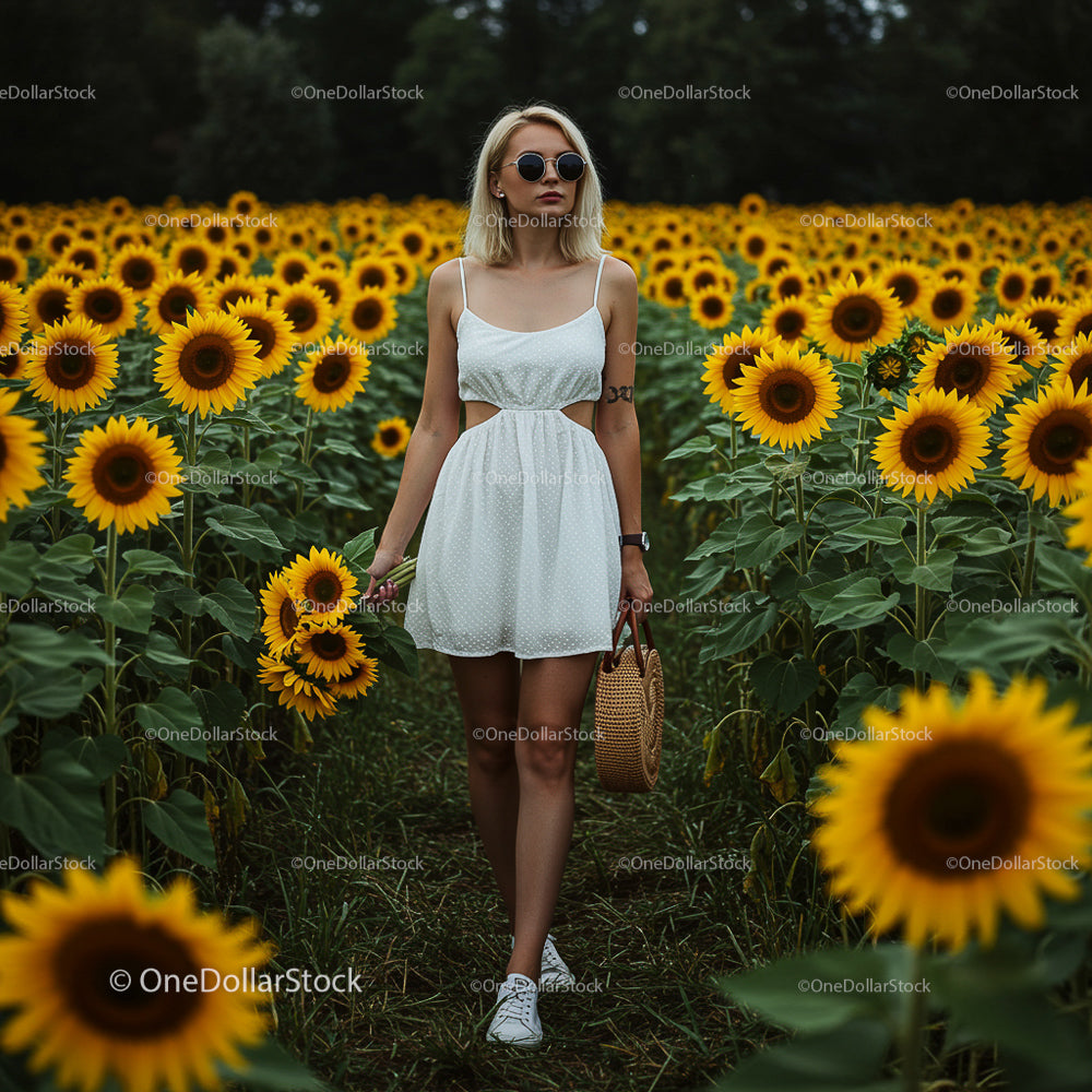 Woman in White Dress Walking Through Sunflower Field