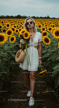 Stylish Woman in Sunflower Field with Summer Vibes