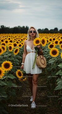 Woman in White Dress Walking Through Sunflower Field