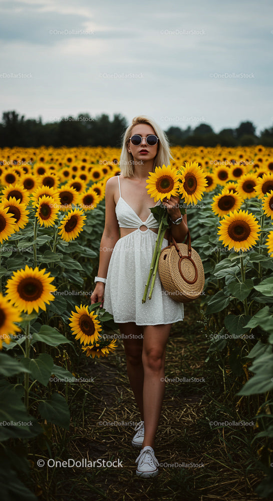 Woman in White Dress Walking Through Sunflower Field