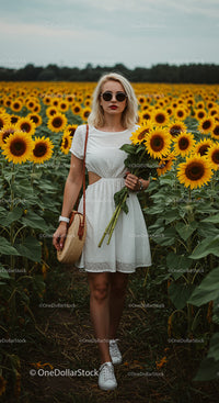 Woman in White Dress Amidst Vibrant Sunflower Field