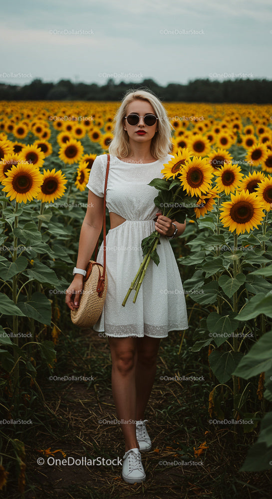 Woman in White Dress Amidst Vibrant Sunflower Field