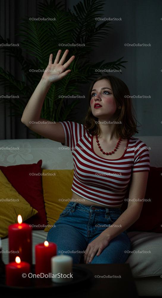 Young Woman Relaxing by Candlelight in a Cozy Living Room