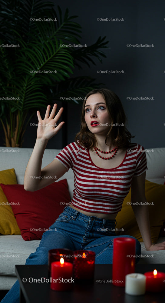 Woman in Striped Shirt Sitting in Candlelit Living Room