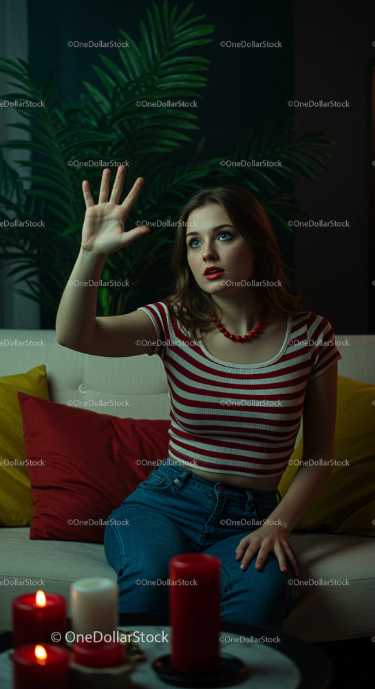 Young Woman in Striped Shirt with Red Lipstick and Candles