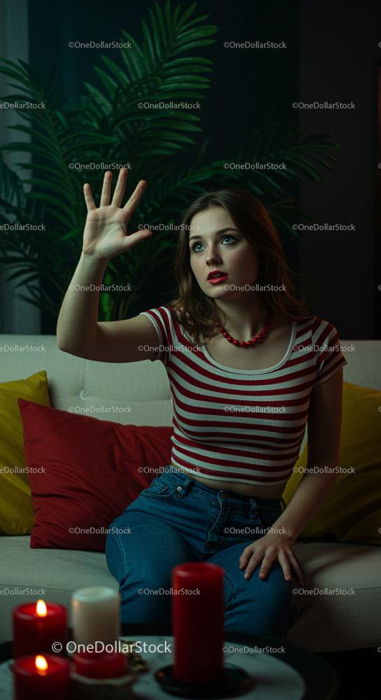 Young Woman in Striped Shirt with Red Lipstick and Candles
