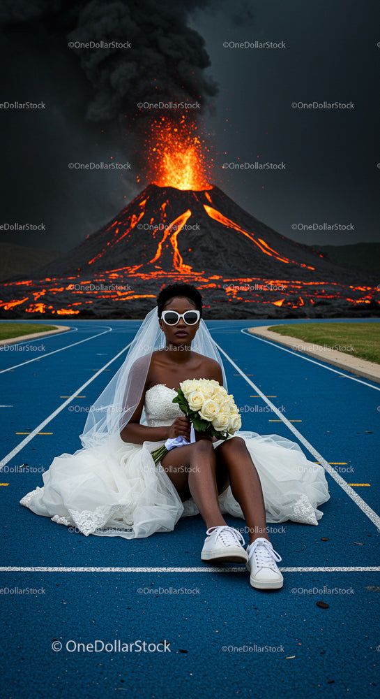 Bride In White Dress Sitting On Track Amidst Volcano Eruption
