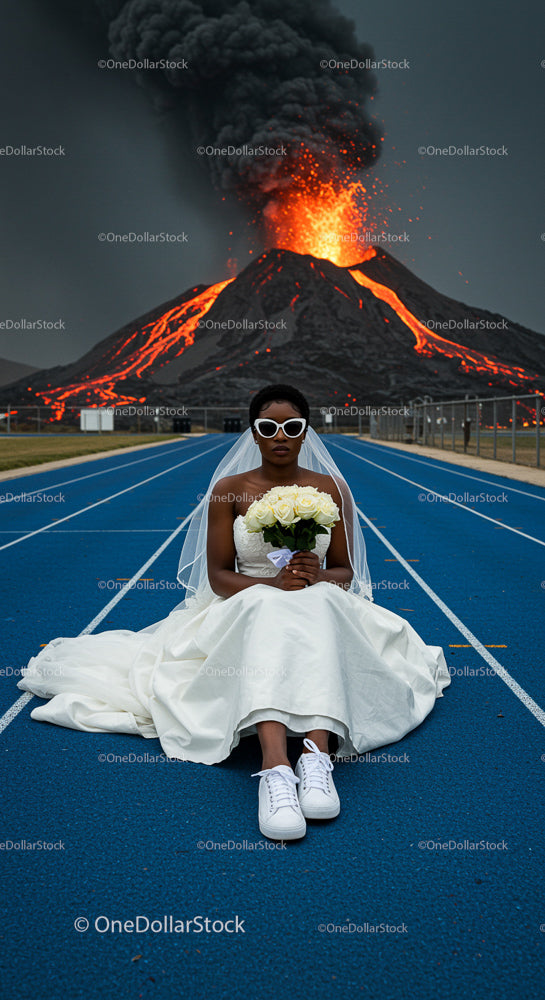 Bride in White Dress Sits Before Erupting Volcano
