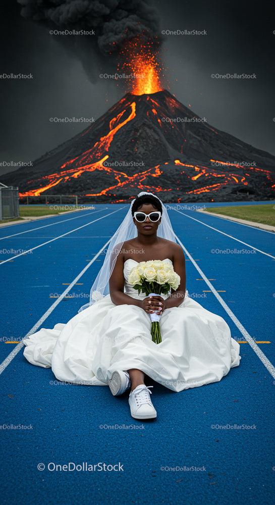 Bride in White Dress with Erupting Volcano Backdrop