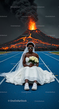 Bride in White Dress with Dramatic Volcanic Eruption