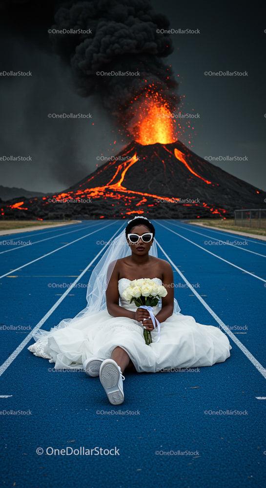 Bride in White Dress on Blue Track with Volcanic Eruption