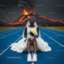 Bride in White Dress with Erupting Volcano Backdrop