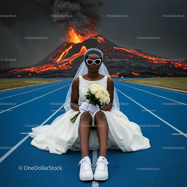 Bride in White Dress with Erupting Volcano Backdrop