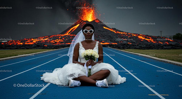 Bride in White Dress and Sunglasses by Erupting Volcano