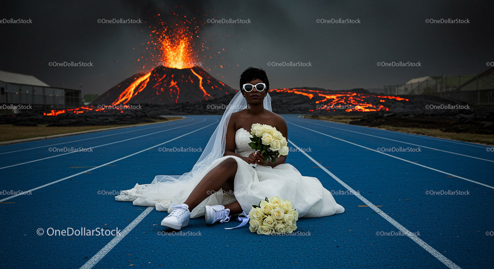 Bride in White Dress and Sneakers with Volcanic Eruption