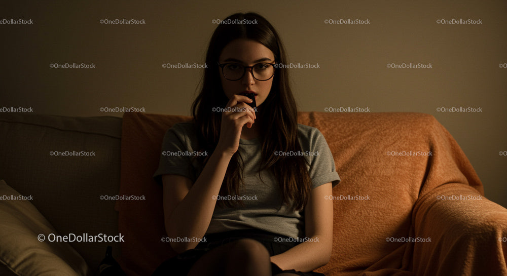 Young Woman in Glasses Sitting Thoughtfully on a Couch