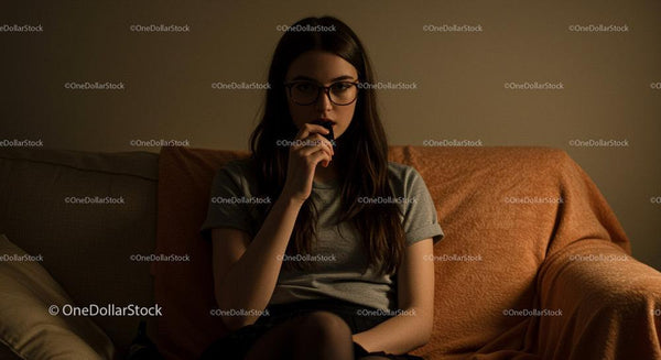 Young Woman in Glasses Sitting Thoughtfully on a Couch