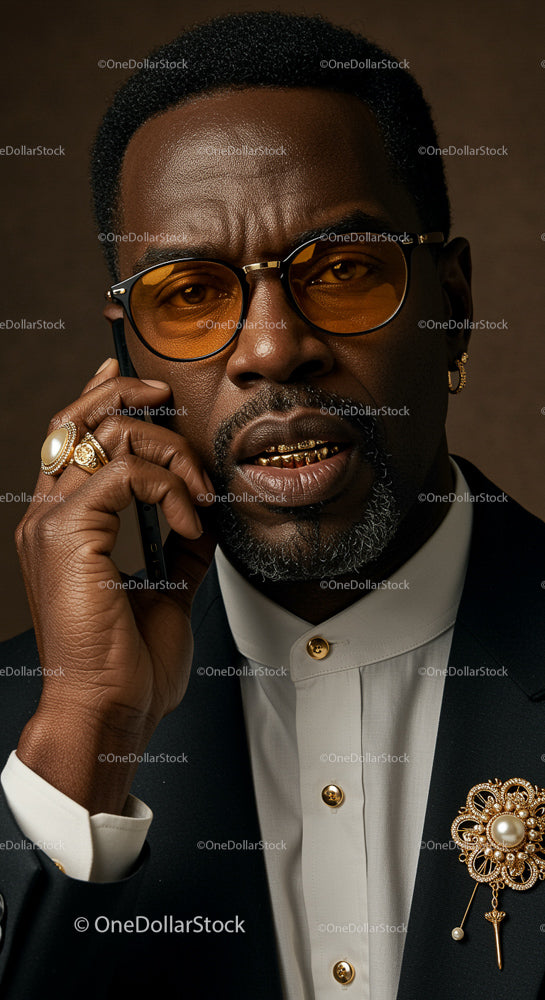 Elegant Gentleman with Gold Accessories on a Call