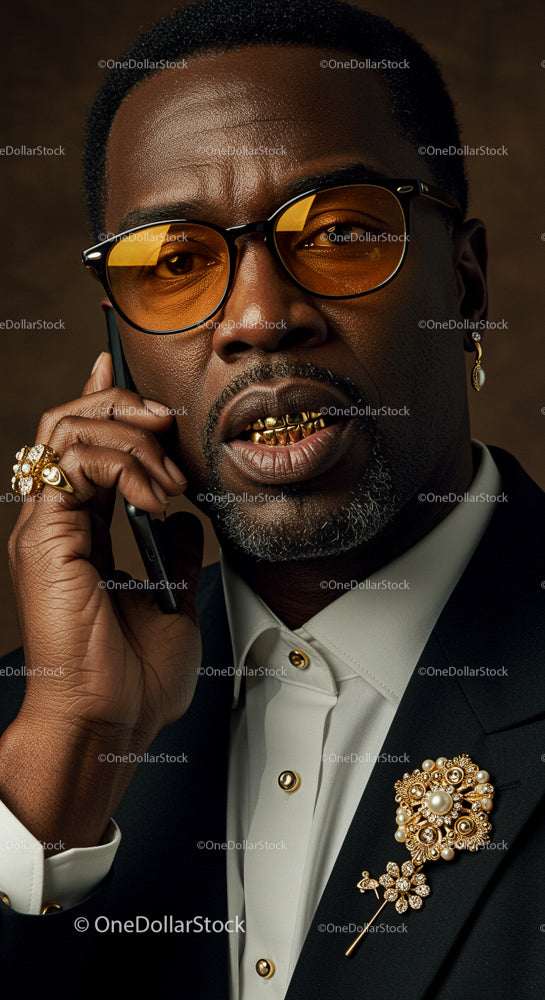Stylish Businessman with Gold Accessories on Phone Call