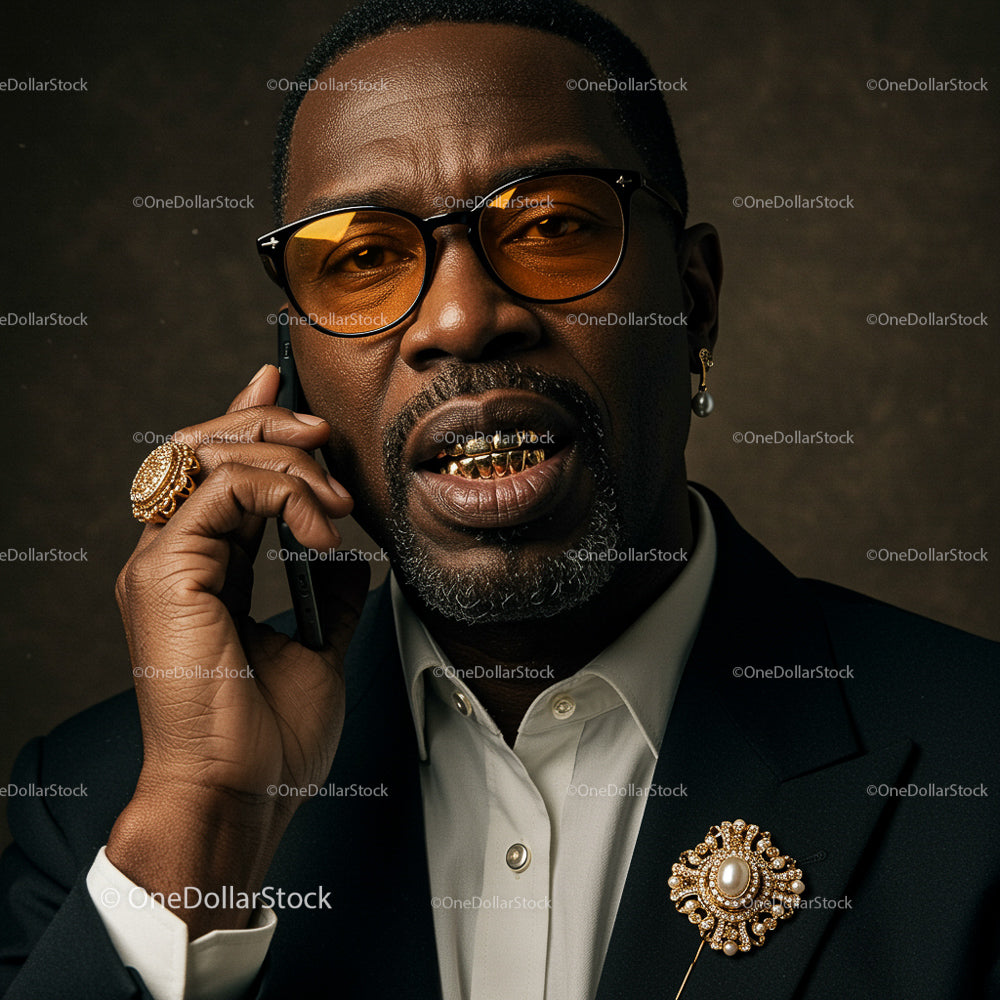 Stylish Man in Elegant Suit Wearing Gold Accessories