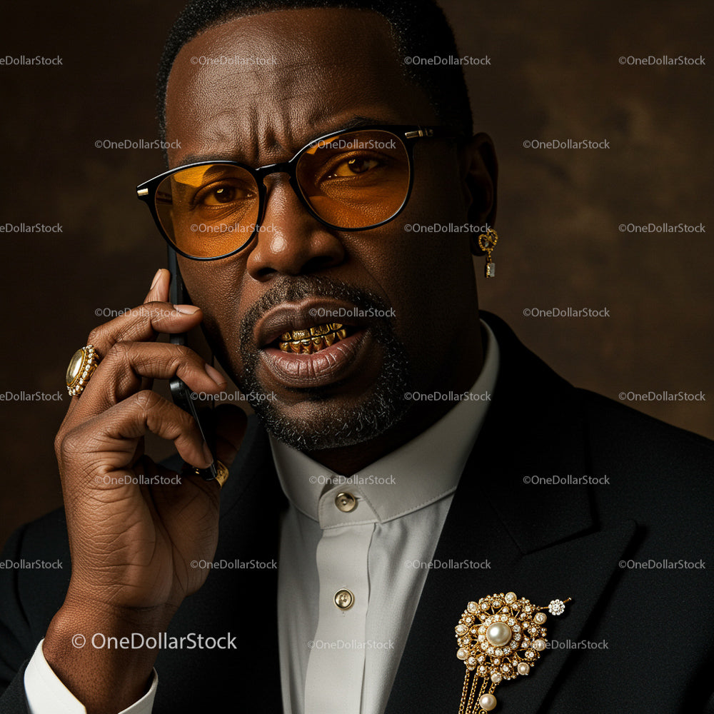 Stylish Businessman Talking on Phone with Gold Accessories