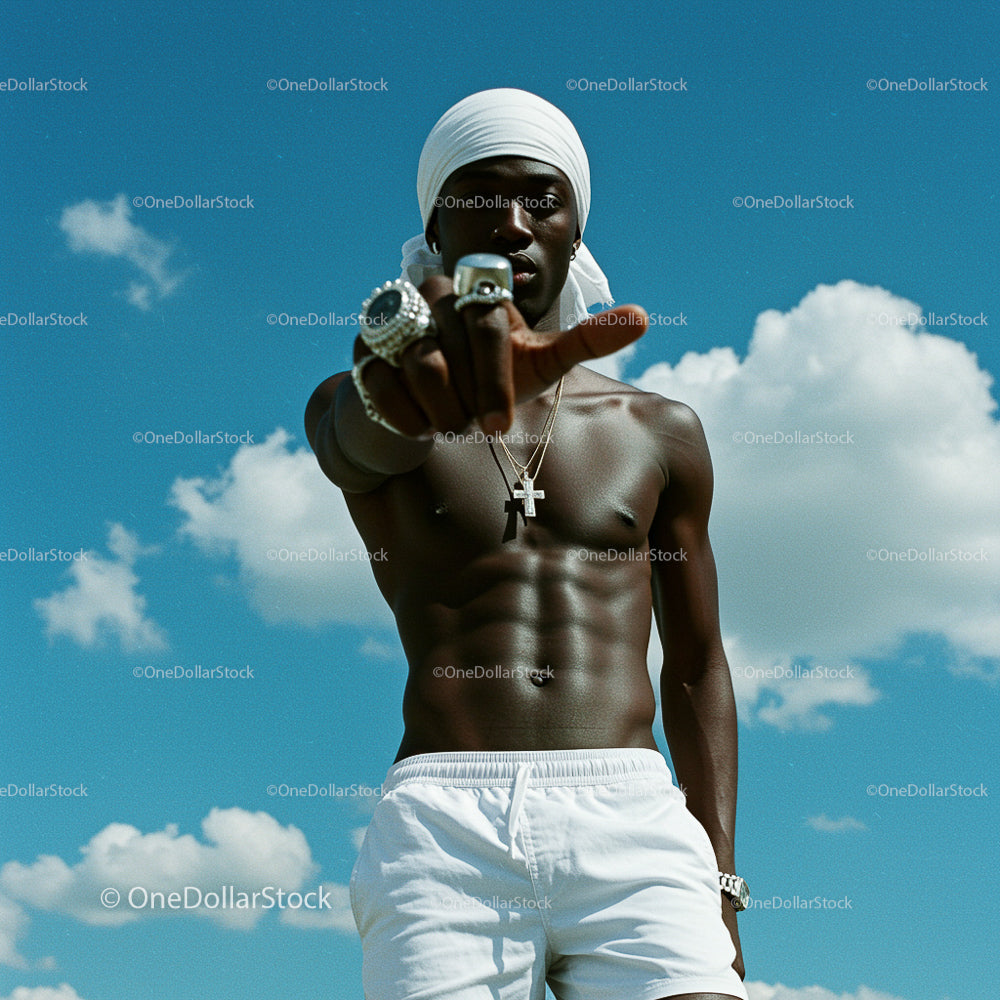 Muscular Man in White Turban and Shorts Under Blue Sky