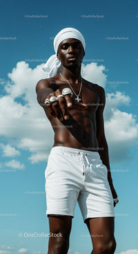 Fashionable Man in White Against a Blue Sky