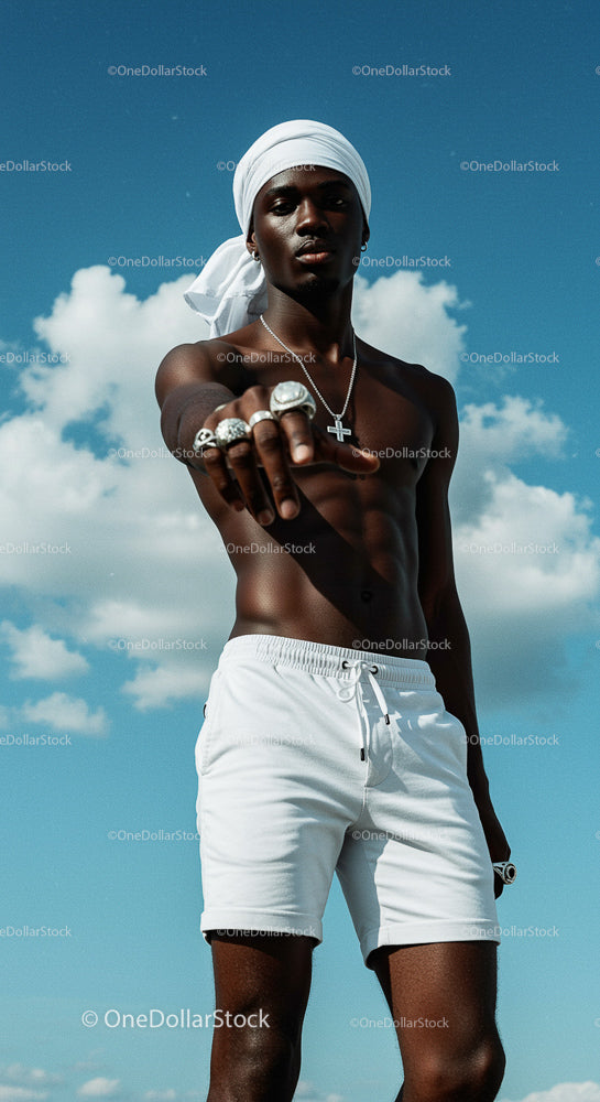 Fashionable Man in White Against a Blue Sky