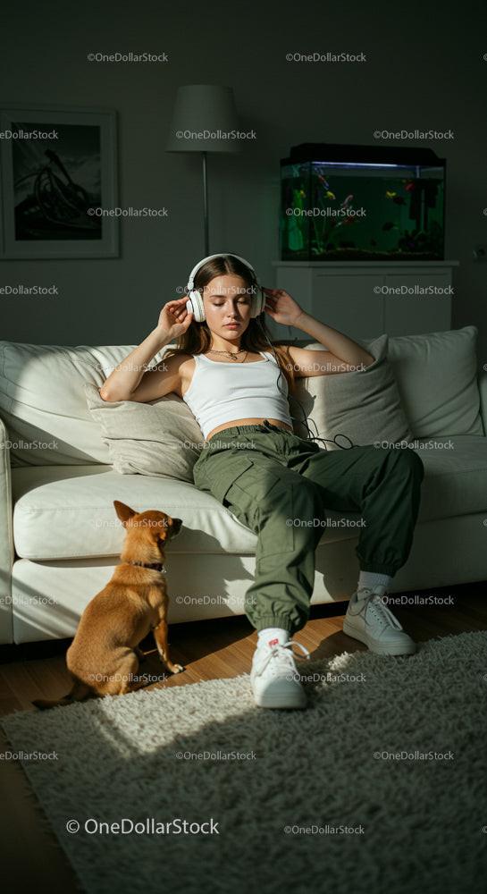 Young Woman Relaxing with Headphones and Small Dog at Home