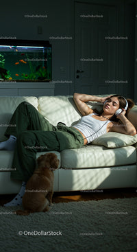 Woman Relaxing with Headphones and Dog in Cozy Living Room