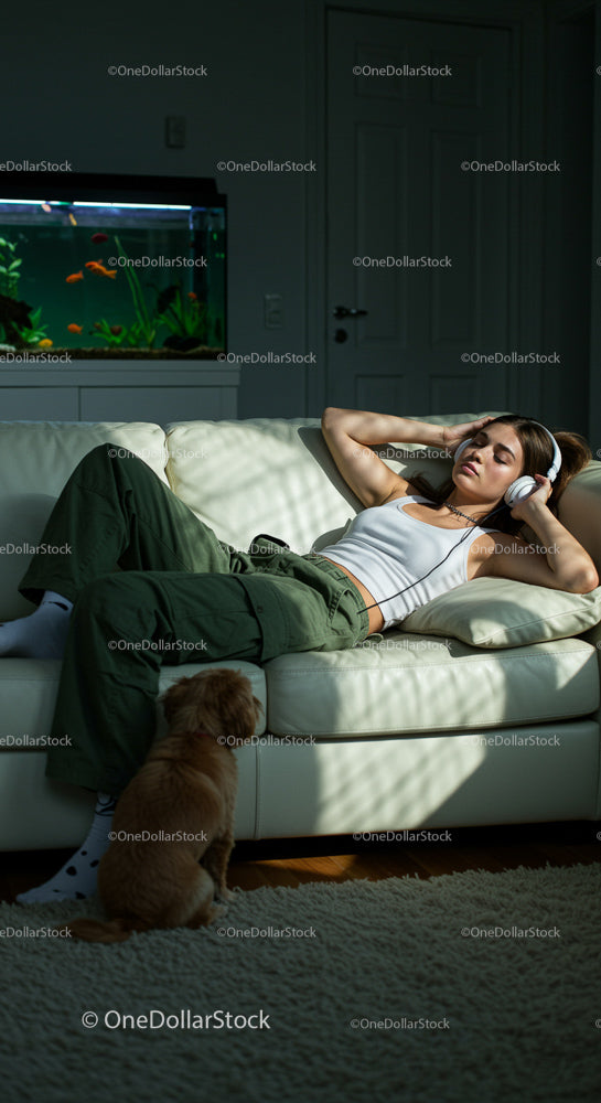 Woman Relaxing with Headphones and Dog in Cozy Living Room
