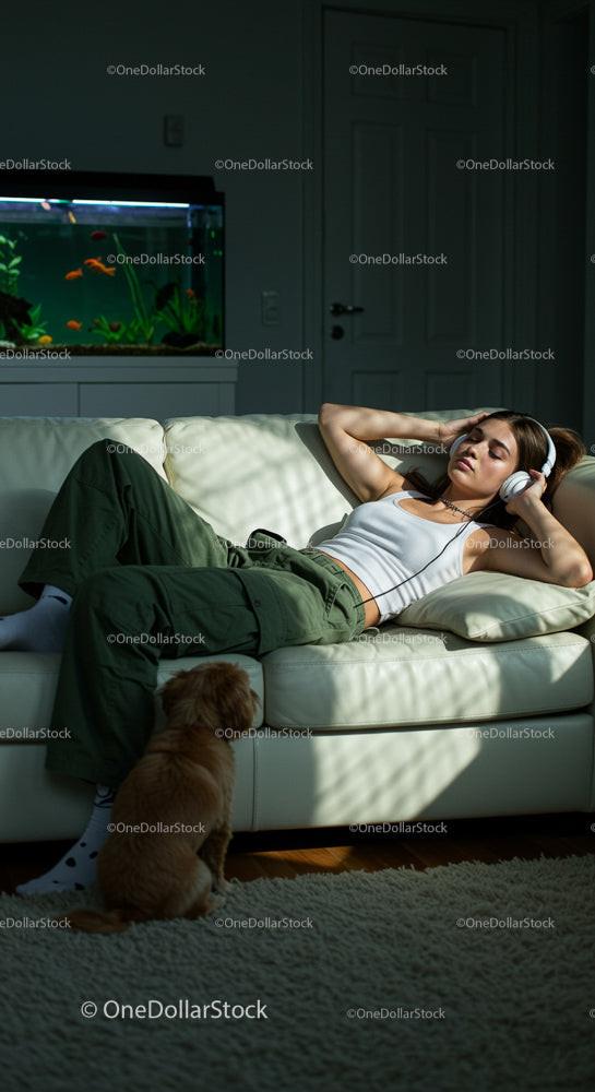Woman Relaxing with Headphones and Dog in Cozy Living Room