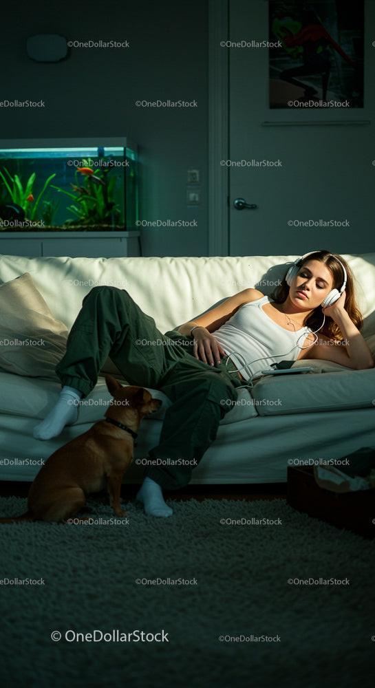Young Woman Listening to Music on White Sofa with Dog