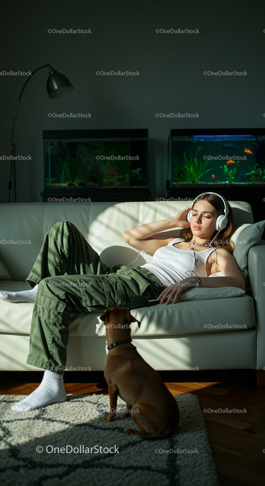 Woman Relaxing with Music Headphones and Dog Companion