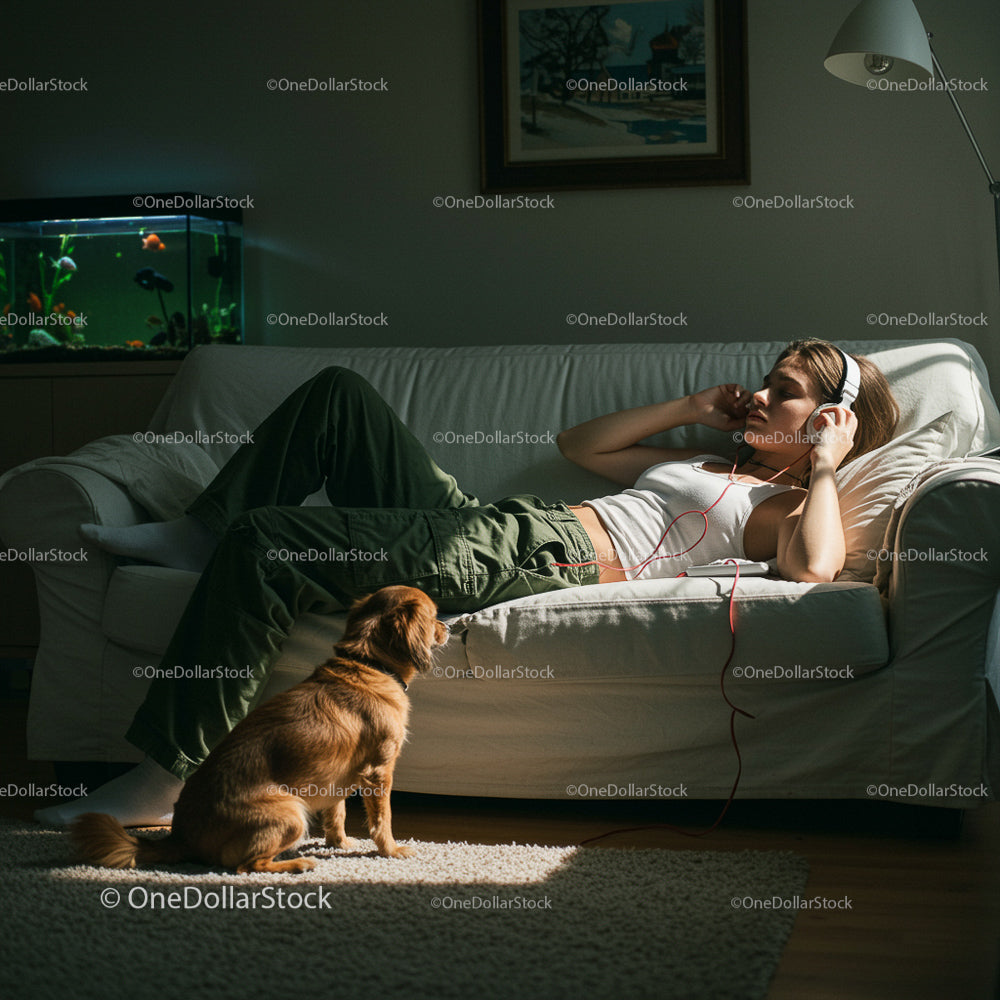 Young Woman Relaxing with Headphones and Dog in Cozy Living Room