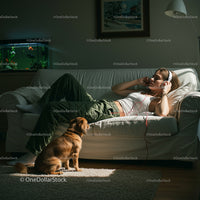 Young Woman Relaxing with Headphones and Dog in Cozy Living Room