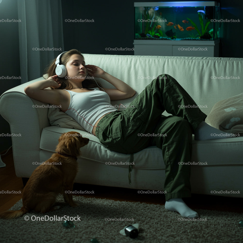 Woman Relaxing with Headphones and Golden Retriever at Home