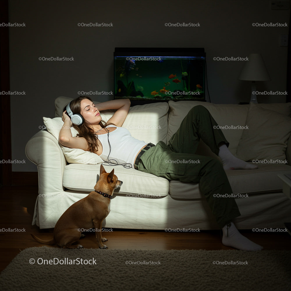 Woman Relaxing with Music Beside Dog and Aquarium